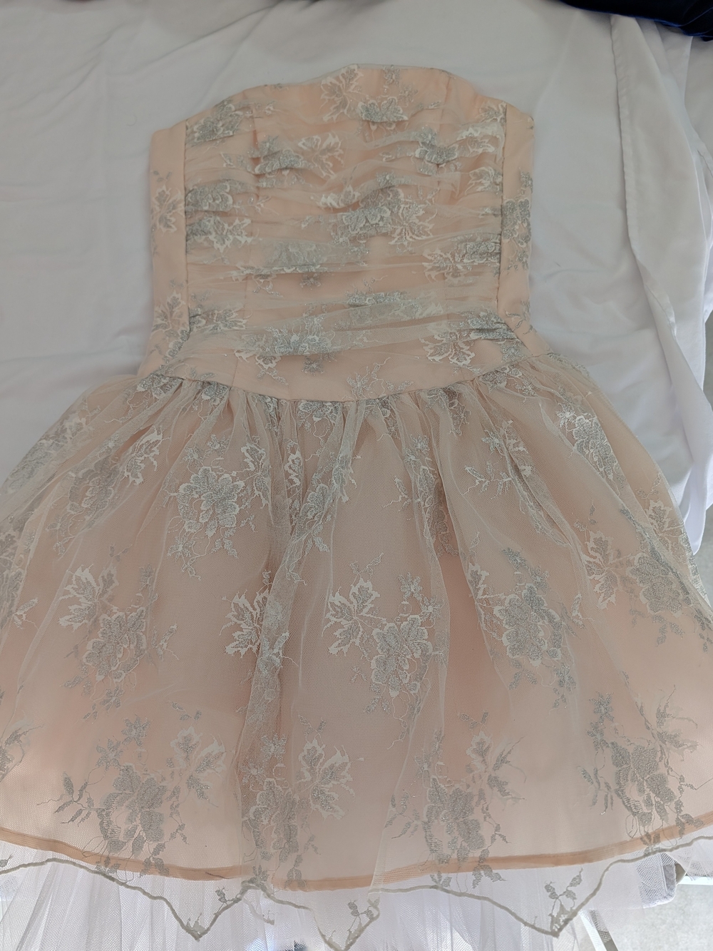 Vintage Jessica McClintock II Pink Silver Lace Strapless Prom Dress
